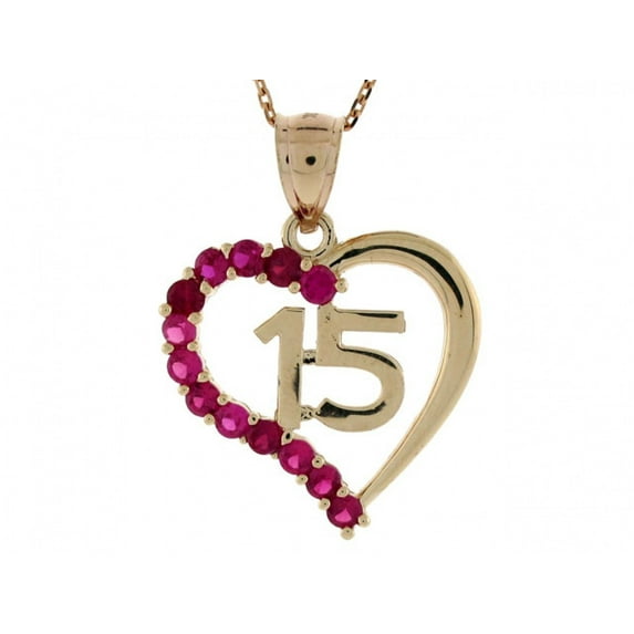 10k Gold Quinceanera 15 Birthday Red CZ Heart Pendant