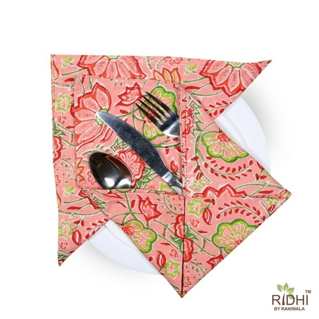 

Coral Pink Forest and Kelly Green Indian Floral Printed Pure Cotton Napkins Wedding Decor 9x9 - Cocktail Napkins 20x20 - Dinner Napkins