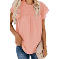 thumbnail image 1 of Camisa de gasa fluida con cuello redondo para mujer, ribete con volantes, manga corta, estampado de puntos, camiseta holgada, 1 of 5