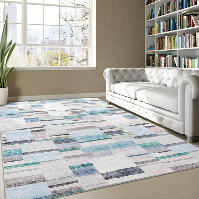 YUSAZENS 5 x 7 Modern Geometric Abstract Area Rug, Farmhouse Soft Foldable Accent Rug for Dorm, Playroom, Apartment, Non-Slip Carpet for Living Room Blue