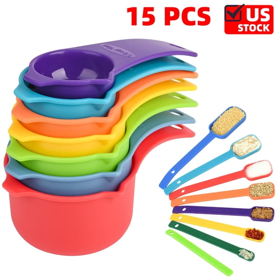 15Pcs Measuring Cups and Spoons Set, Plastic Measuring Cup Set , Mixing Color Dry Measure Cups Spoons, 7 Measuring Cups & 7 Spoons, Kitchen Measure Cup Spoons for Cooking & Baking