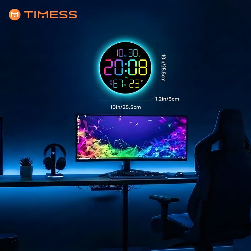 TIMESS Wall Clocks 10 in Digital Modern Wall Clock, RGB, Remote, Auto Dimming, Date, Day, Temperature, Humidity