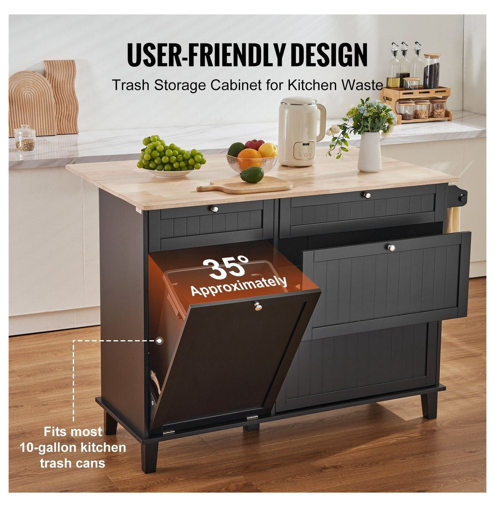 Kitchen Island Cart, 50" Wood Top with Trash Cabinet, Drop Leaf, Towel Bar - Farmhouse Table for Kitchen, Dining, Living Room - Black