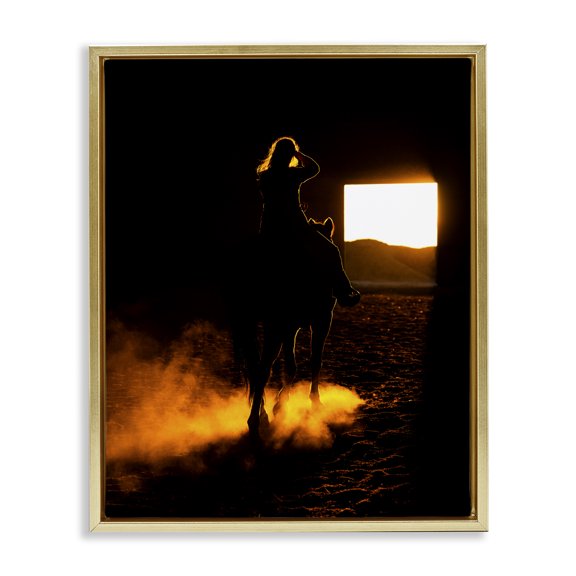 Stupell Industries Rustic Lodge Equestrian Horse Jockey Silhouette Vivid Light Flare Gold Floating Frame Canvas Art, 25 x 31, by Steve Smith