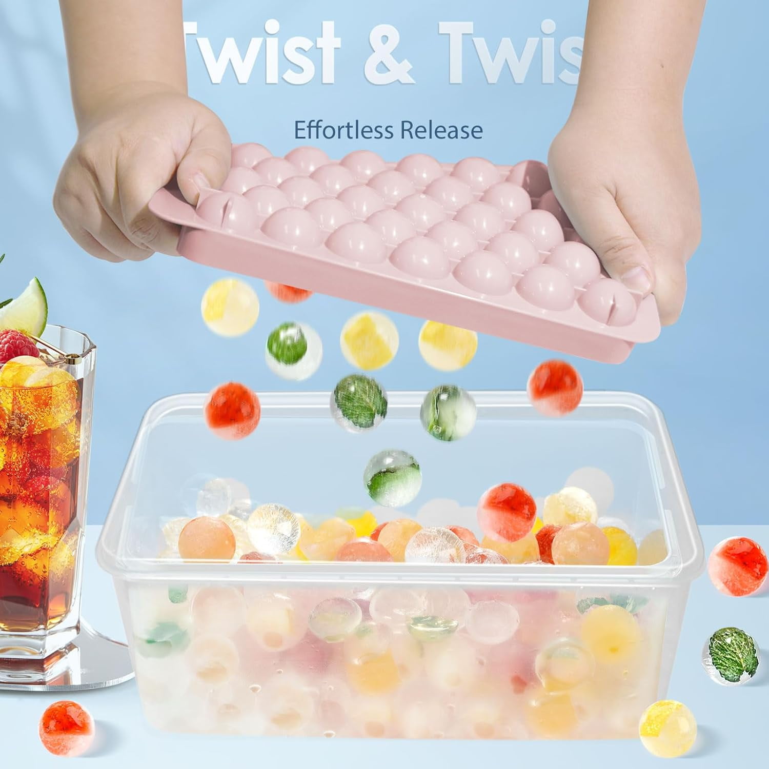 Ice Cube Tray with Lid and Bin - Round Ice Trays for Freezer with Lid - Ice Cube Trays for Freezer with Ice Container