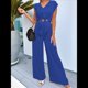 thumbnail image 5 of Conjuntos de Dos Piezas de Verano para Mujer 2025, Top Corto con Cinturón, Mangas y Cuello en V, Pantalones Anchos, Chándal Informal. Azul M, 5 of 7