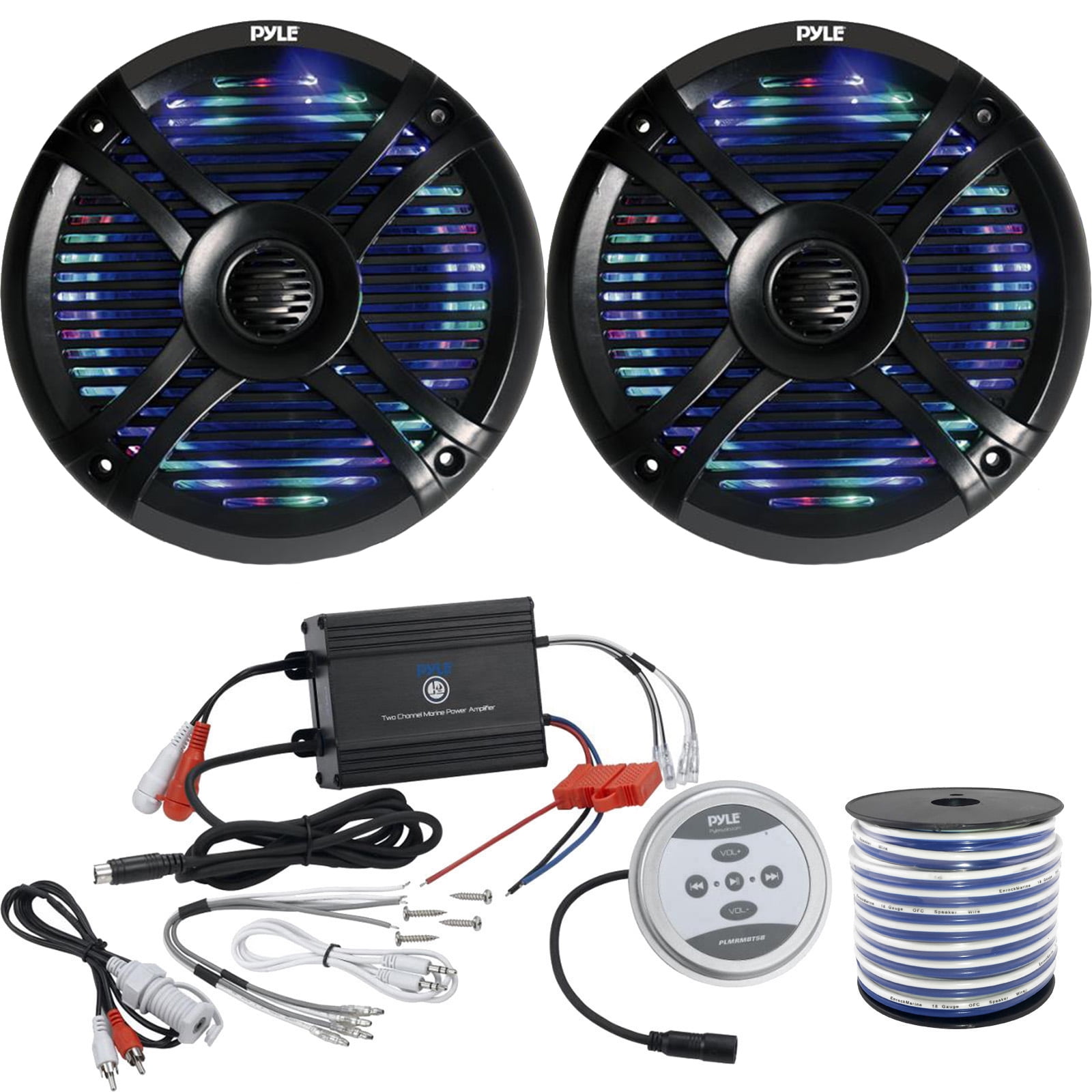 2 x Pyle 6.5" Audio 250W Marine Grade Multicolor LED 2Way Black Stereo Speakers, Pyle