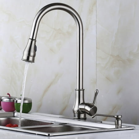 16 Kitchen Sink Faucet Brushed Nickel Pull Out Spray Swivel Spout