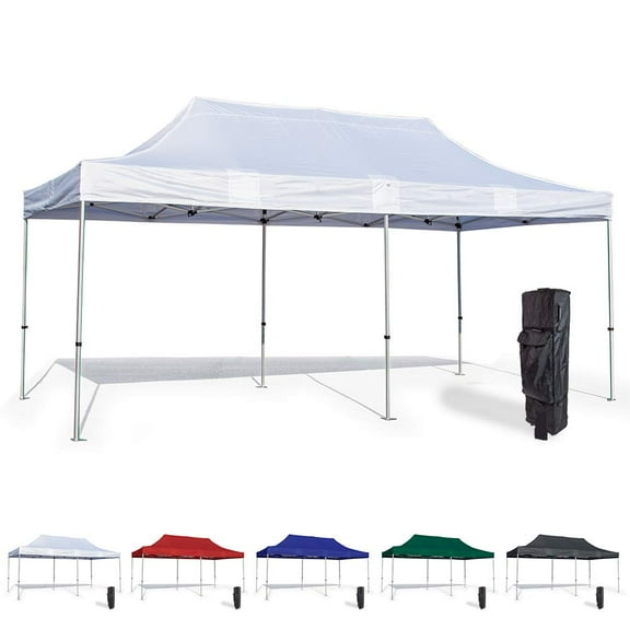 White 10x20 Pop Up Canopy Tent - Durable Steel Frame with Water-Resistant Polyester Fabric Top - Heavy Duty Wheeled Canopy Bag and Stake Kit Included (5 Color Options)