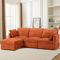 ACMEASE 84” Chenille 3 Seats Sofa W/Movable Ottoman, Modern Fabric L-Shaped Couch with Soft Backrest, Upholstered Sectional Sofa with Armrest Pillows for Living Room, Office,Orange
