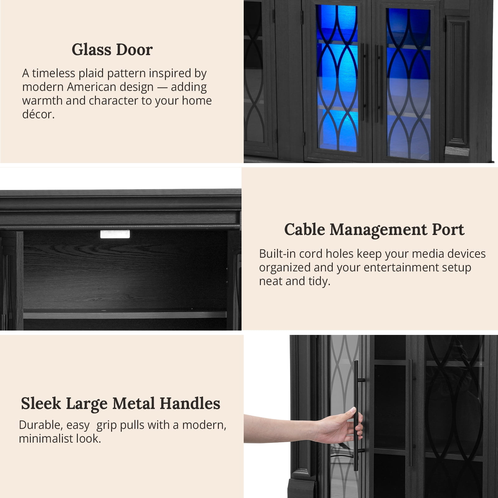Holliwill 104" Fireplace TV Stand with 30" Electric Heater & LED Lights & Power Outlets, Modern Farmhouse Entertainment Center with Storage Cabinet for Living Room, Large Fireplace with Mantel, Black