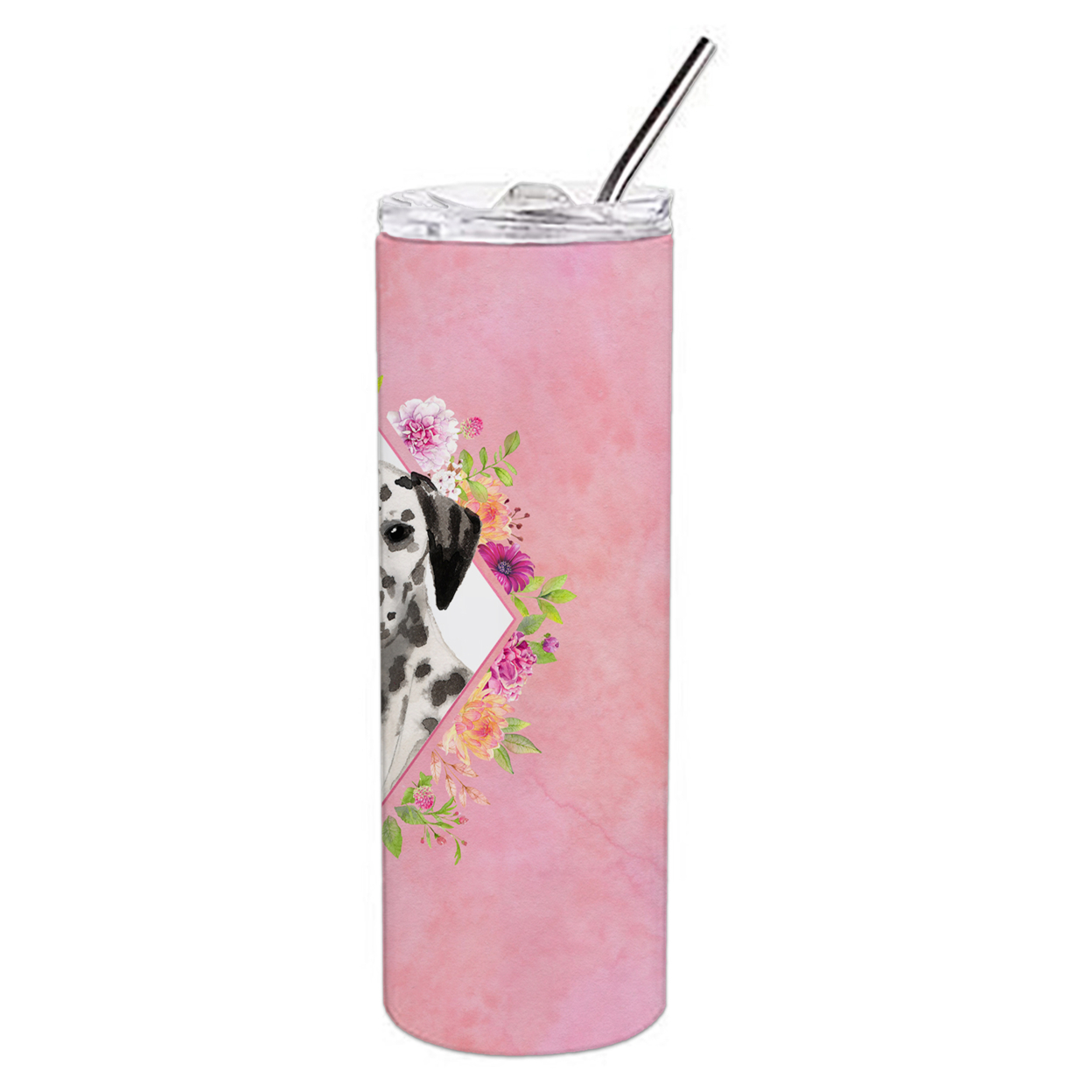 Dalmatian Pink Flowers Double Walled Stainless Steel 20 oz Skinny Tumbler