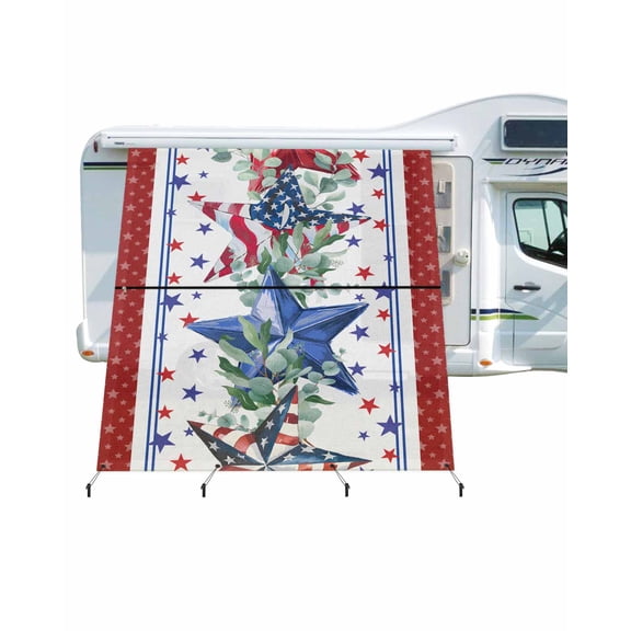 4th of July RV Awning Sun Shade Screen 9'X7' Star USA Flag Mesh Sunscreen Eucalyptus Leaves Red Blue Awning Shade Screen with Zipper UV Blocker Completed Kits Outdoor Canopy for RV Motorhome Camper