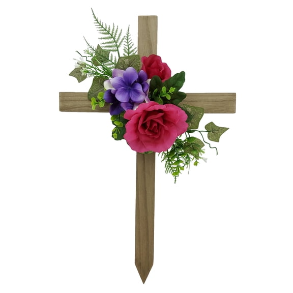 Mainstays 23.5in Outdoor Artificial Cemetery Floral Wood Cross, Rose, Fuchsia Color
