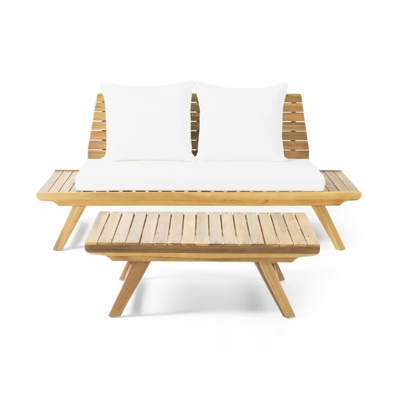 GDF Studio Kaiya Outdoor 2 Seater Acacia Wood Loveseat and Coffee Table Set, Teak and White
