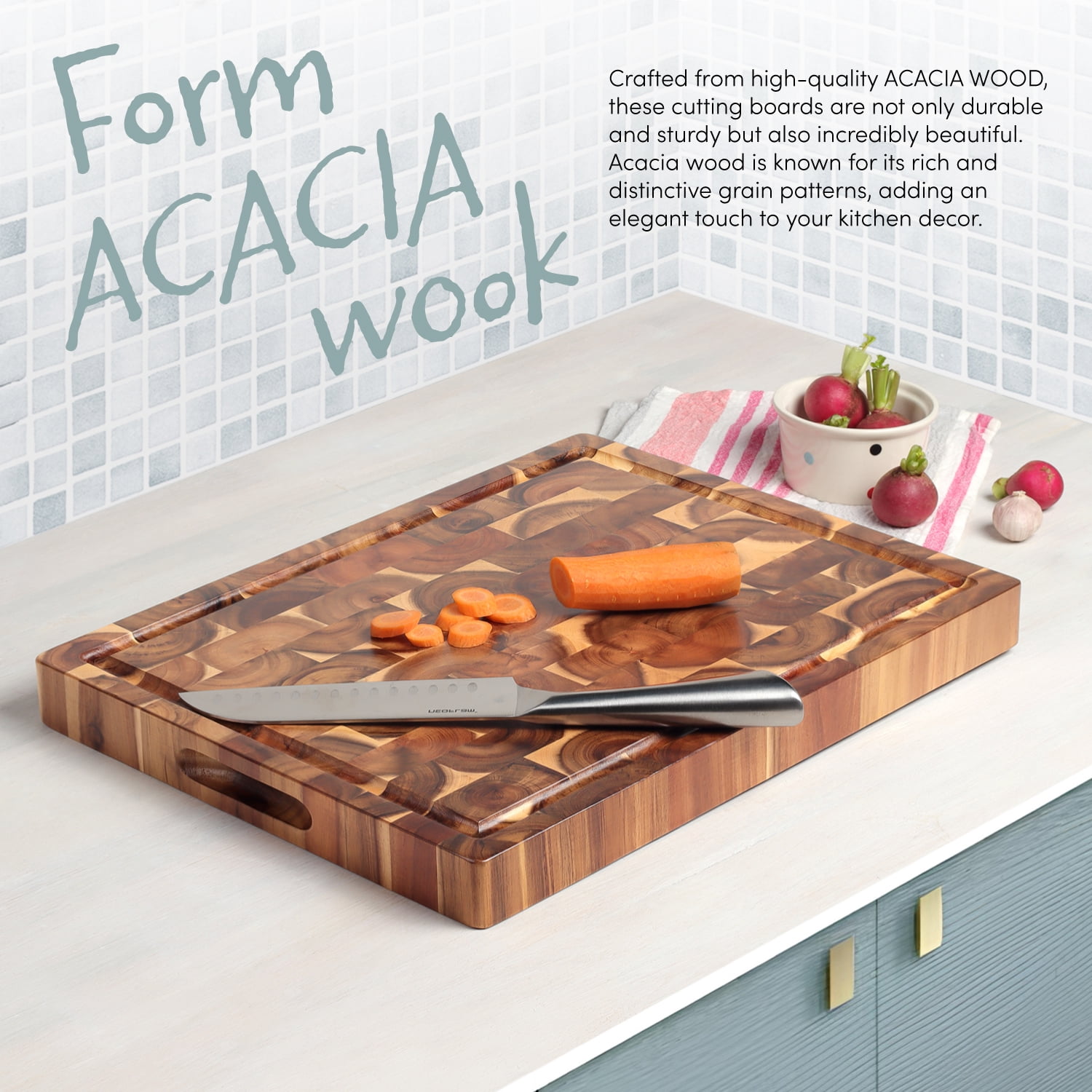 Cutting Board (17x13x15in) End Grain Cutting Board, Acacia Wooden Cutting Board, Butcher Block, Chopping Board - Reversible Multipurpose For Kitchen with Juice Groove, Cracker Holder & Inner Handles