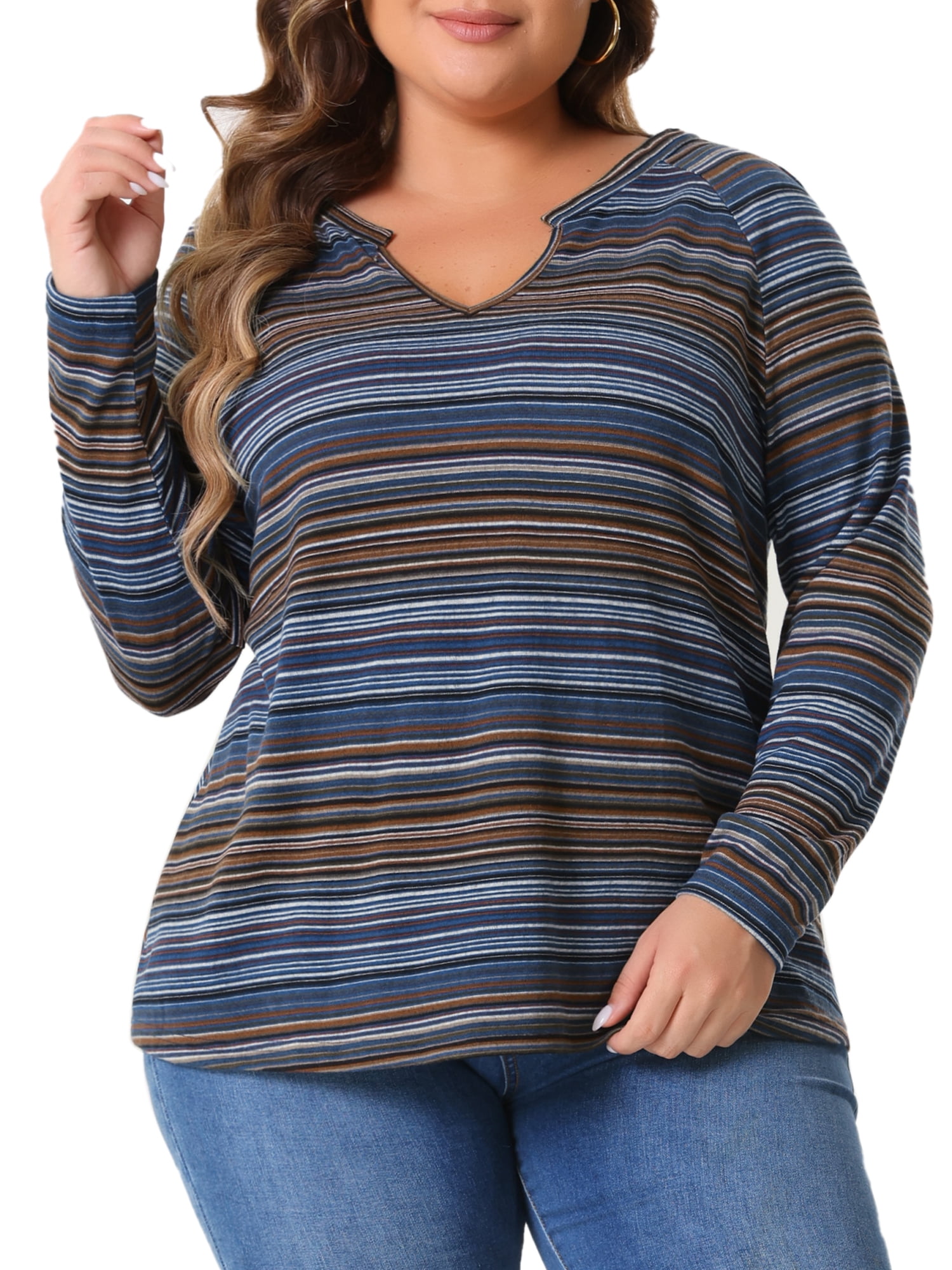 DARING DIVA Women' Plus Size Long Sleeve Notch V Neck Blouses 2X Blue