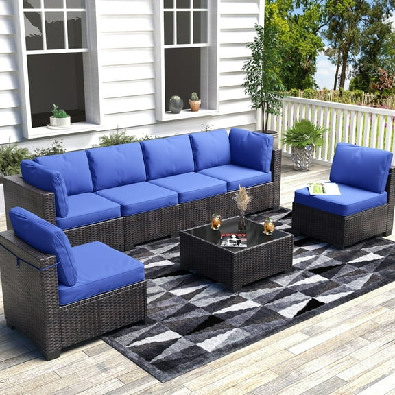 7 Piece PE Rattan Patio Conversation Set, All Weather Wicker Outdoor Furniture Set with Modular Sectional Sofa & Tempered Glass Table, for Garden Porch Deck Backyard