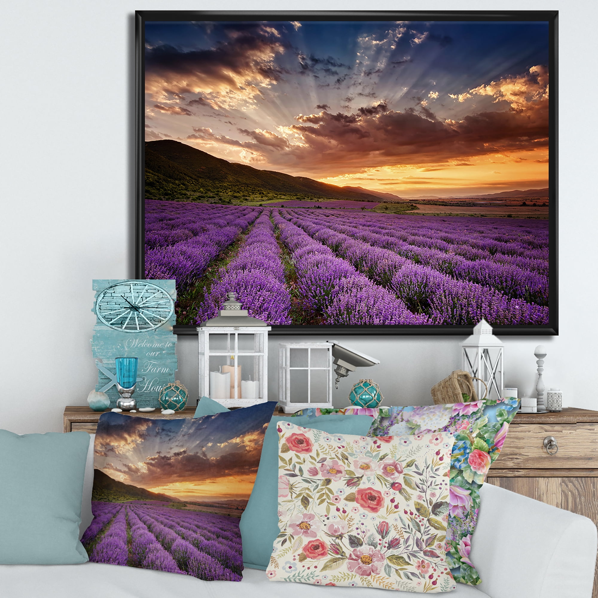 Designart 'Dramatic Clouds and Sunrise Over Lavender Field X' Farmhouse Framed Canvas Wall Art Print