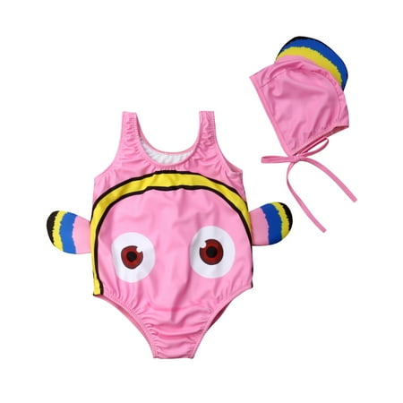 

Baby Girls One-Piece Swimsuit 3D Cartoon Goldfish Swimwear with Swimming Hat for Beach