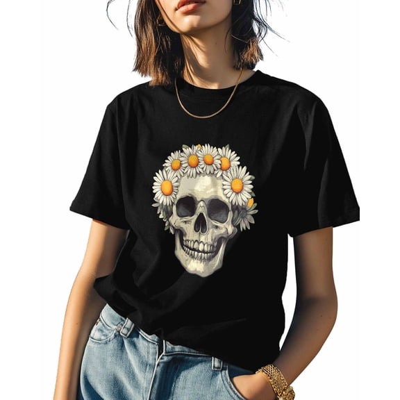 Daisy Flower Skull Womens Tshirt Graphic Tees Cotton Crew Neck T-Shirts, Casual Short Sleeve Shirts for Women Teen Girl Cartoon Style