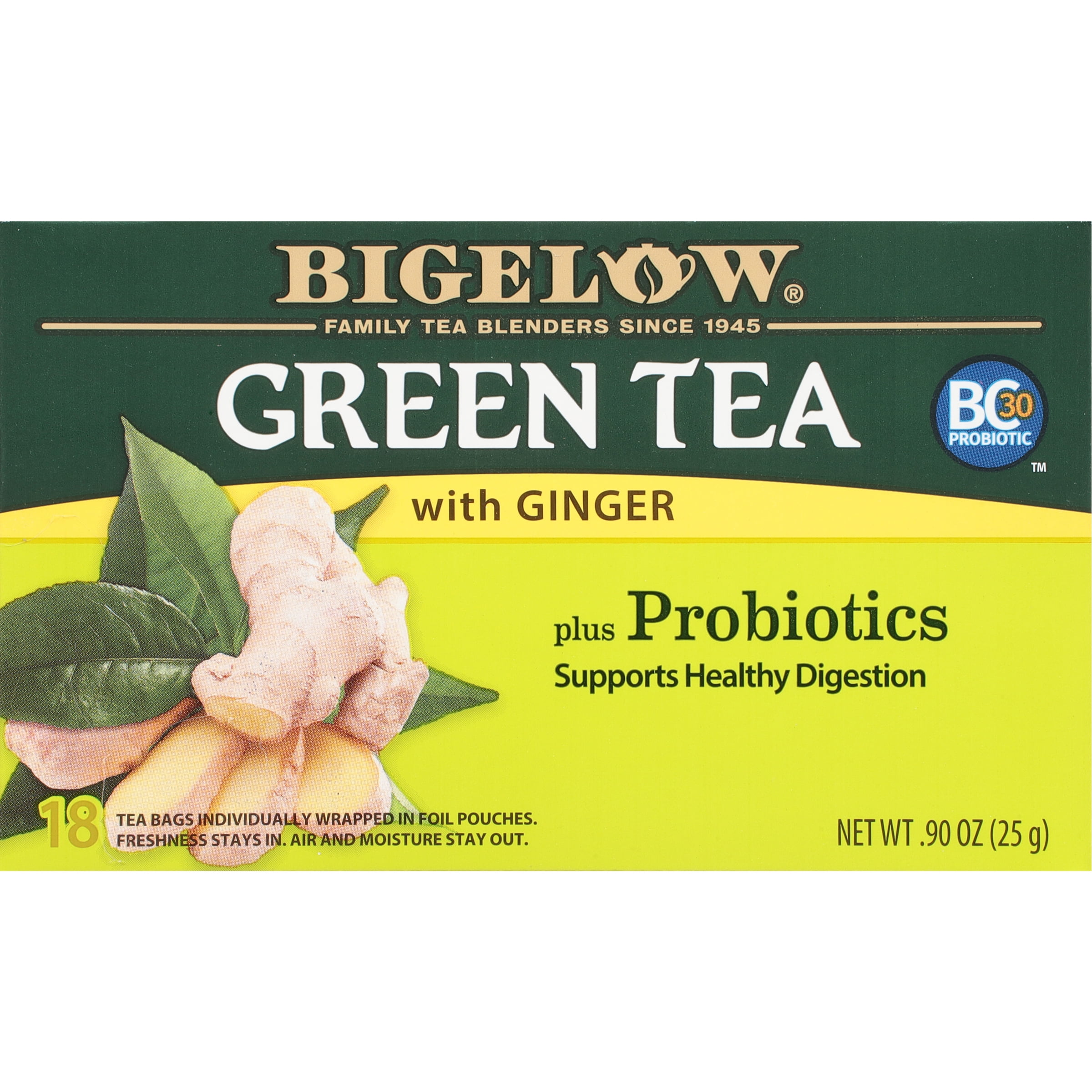 Bigelow Green Tea with Ginger Plus Probiotics, Green Tea Bags, 18 Count
