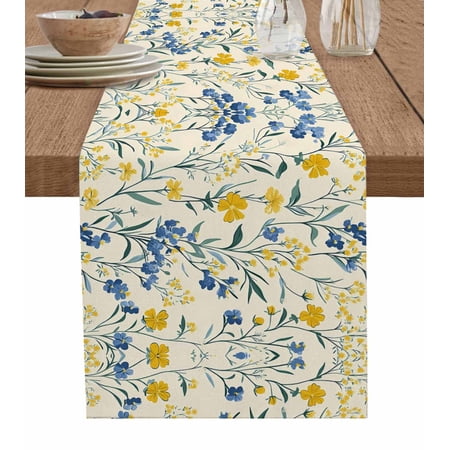 Boanket Seasonal Botanical Blooms Table Runner - 36 Inch Long Kitchen Dining Table Runner Dresser Scarves Blue Yellow Flowers Farmhouse Decor for Coffee Tables Wedding Party Banquet