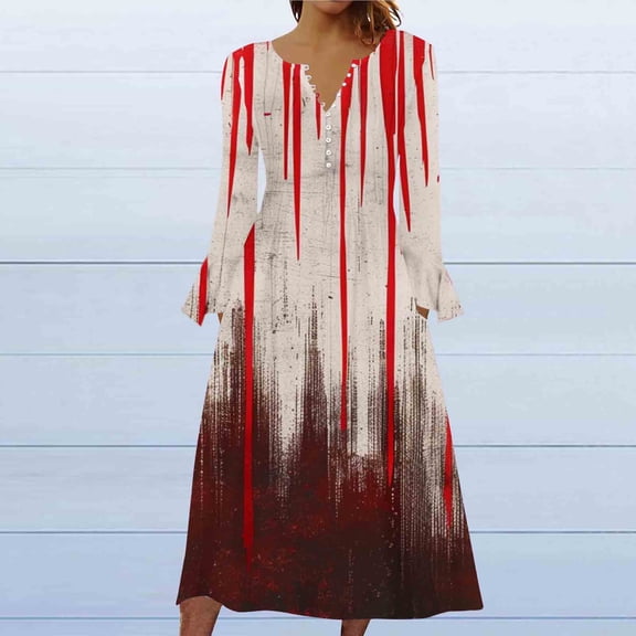 WFJCJPAF 2024 New Halloween ! Halloween Dresses for Women Plus Size 26,Women's Fashion Printed Casual Long Sleeve V-Neck Dress - Khaki XL