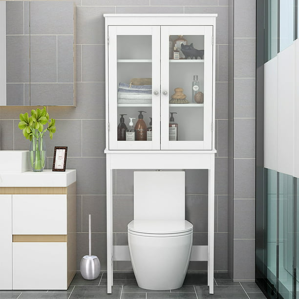 Modern Bathroom Cabinet Storage Wall Over The Toilet Space Saver With 3 Wood Shelves And 2 Glass Doors Com - Over Toilet Wall Cabinet White