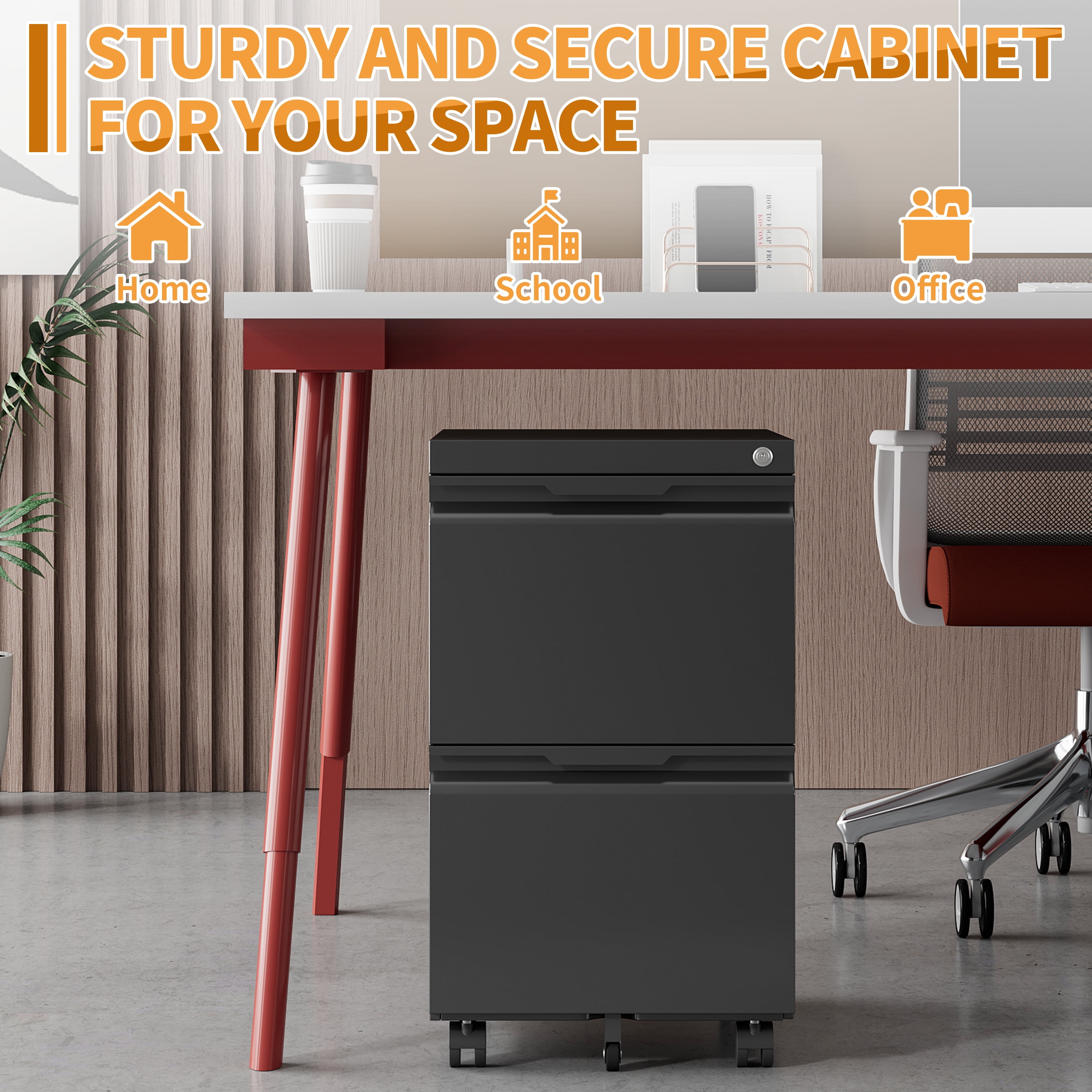 2 Drawer Metal File Cabinet with Lock, Small Filing Cabinets for Home Office,Under Desk Cabinet on Wheels for Folders/Legal/Letter/A4 Files, Assembly Required (Black)