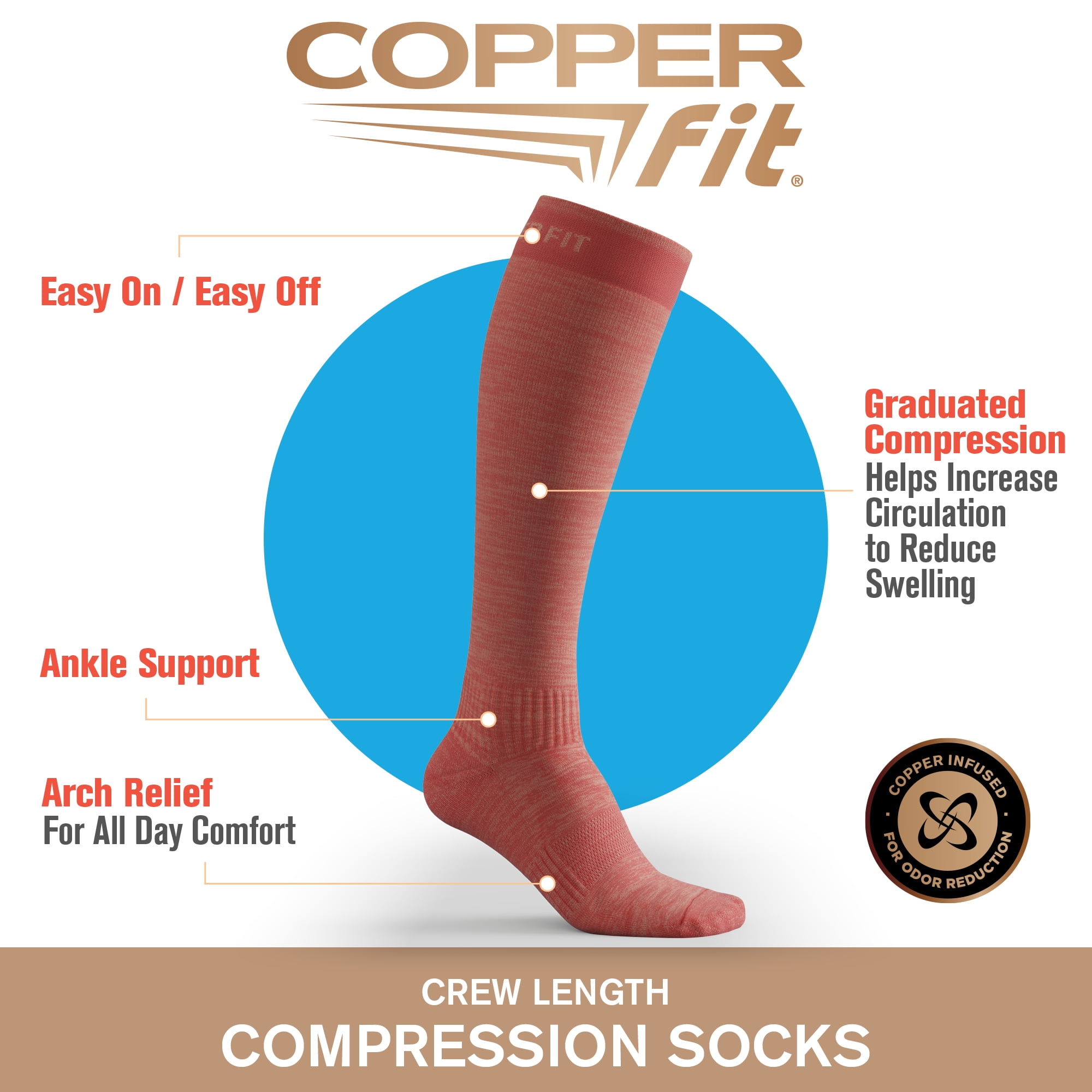 Copper Fit® Compression Socks, Copper Infused Easy-On/Off, 1-pair, Unisex, Heather Coral, S/M