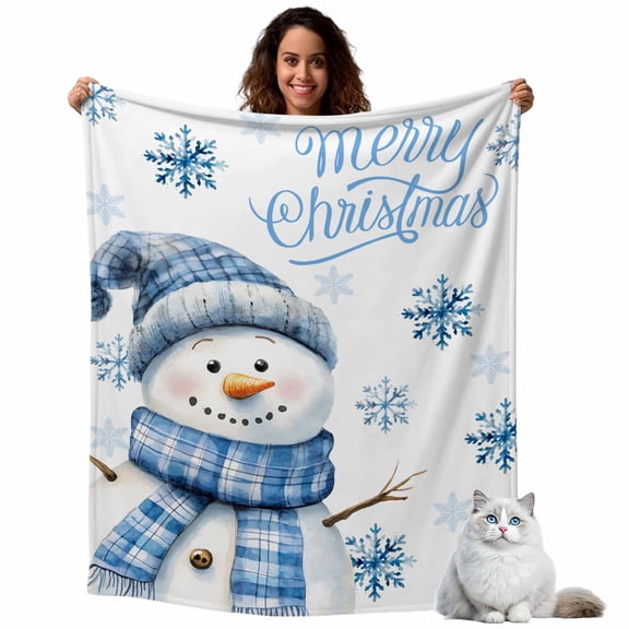 Merry Christmas Snowman Blue Snowflakes Throw Blanket Flannel Fleece Throws, Winter Snow Seamless Lightweight Super Soft Warm Blankets for Couch Sofa Bed All Season Use, 40x50 in