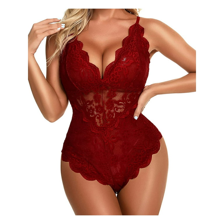 Merqwadd V-Neck See Through Lingerie Floral Lace Babydoll Lingerie for  Women One Piece Bodysuit 
