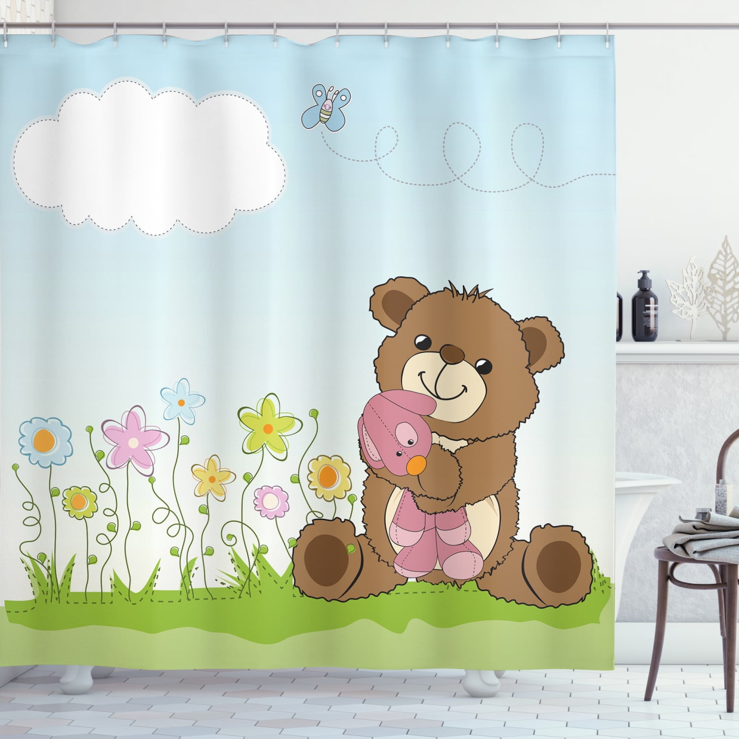 Kids Shower Curtain Retro Cartoon Teddy Bear Bathroom Accessories Decor Sets 