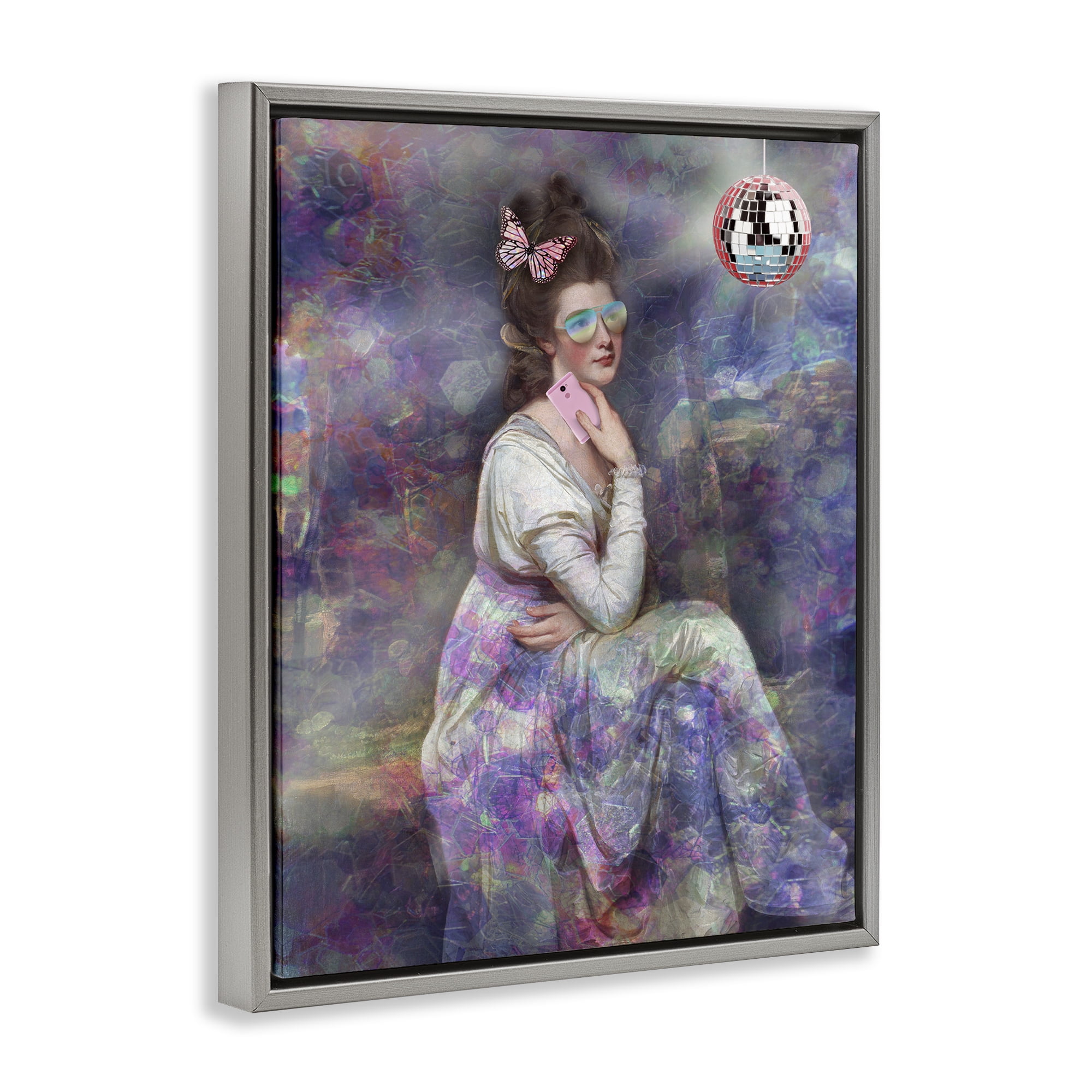Stupell Industries Timeless Woman with Disco Ball Novelty & Humor Painting Gray Floater Framed Canvas Art Print Wall Art, 17 x 21