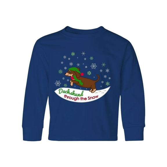 Inktastic Dachshund through the snow red and green Long Sleeve Youth T-Shirt