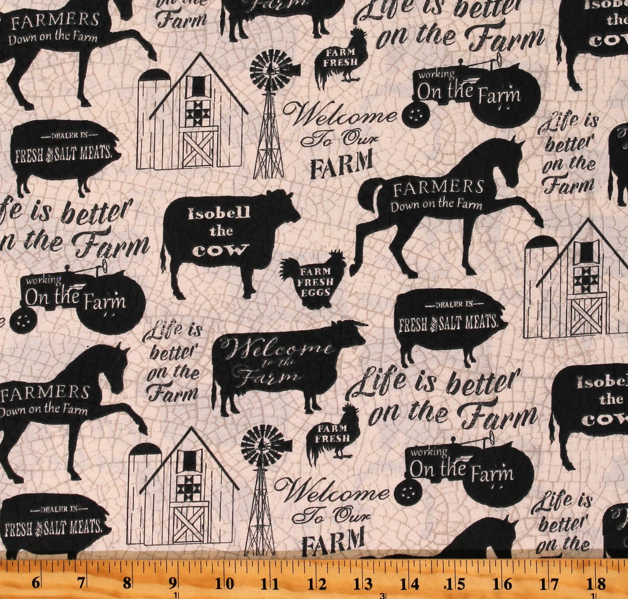 Cotton Farm Animals Silhouettes Life is Better on The Farm Words Cream  Cotton Fabric Print by the Yard (16560-CRM-CTN-D) 