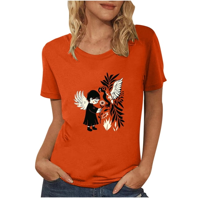 Dadaria Hauts Femme Chemise Orange Manches Courtes T-Shirt Col Rond Été Chandail Blouses m