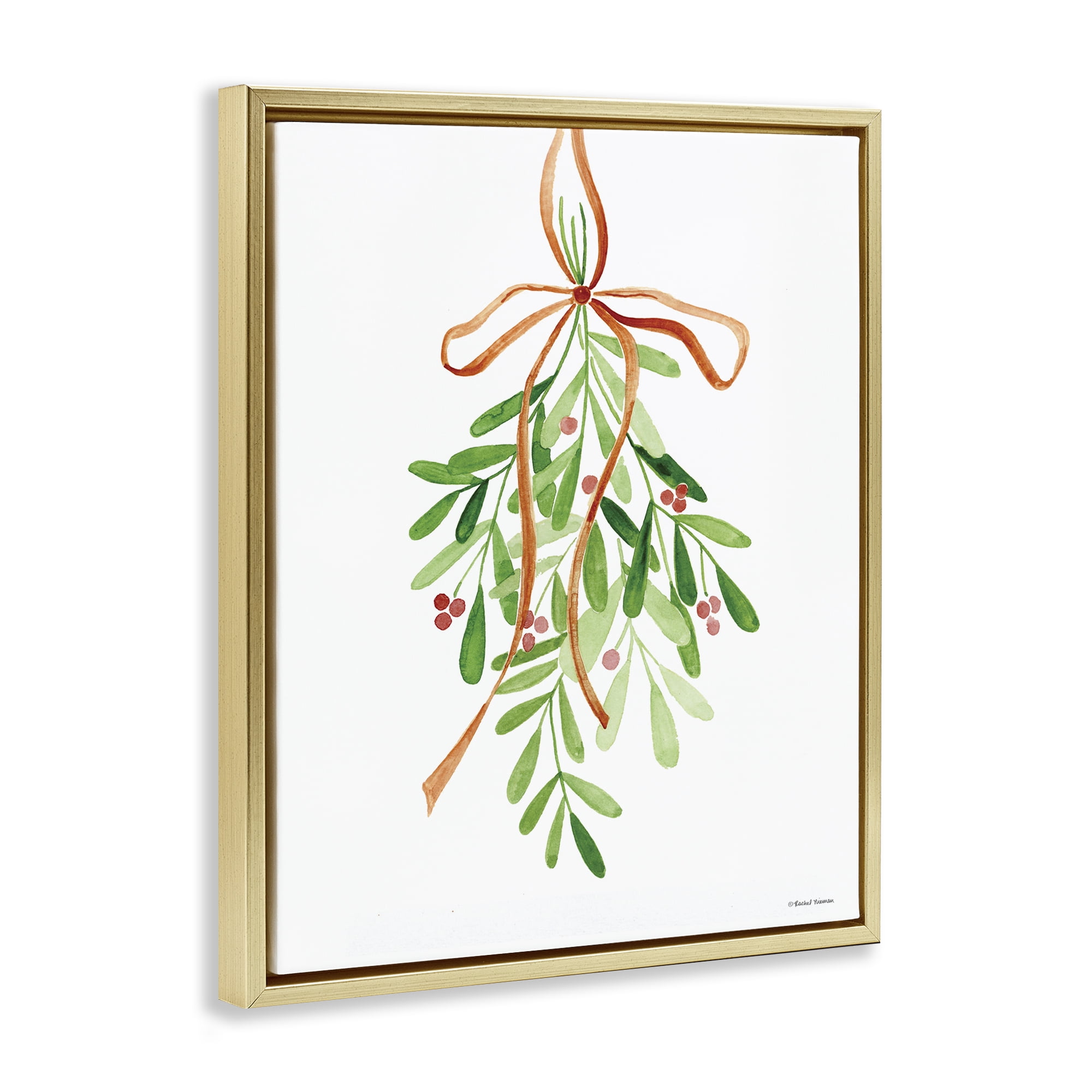 Stupell Industries Hanging Holly Botanicals Holiday Painting Gold Floater Framed Canvas Art Prints Wall Art, 17 x 21