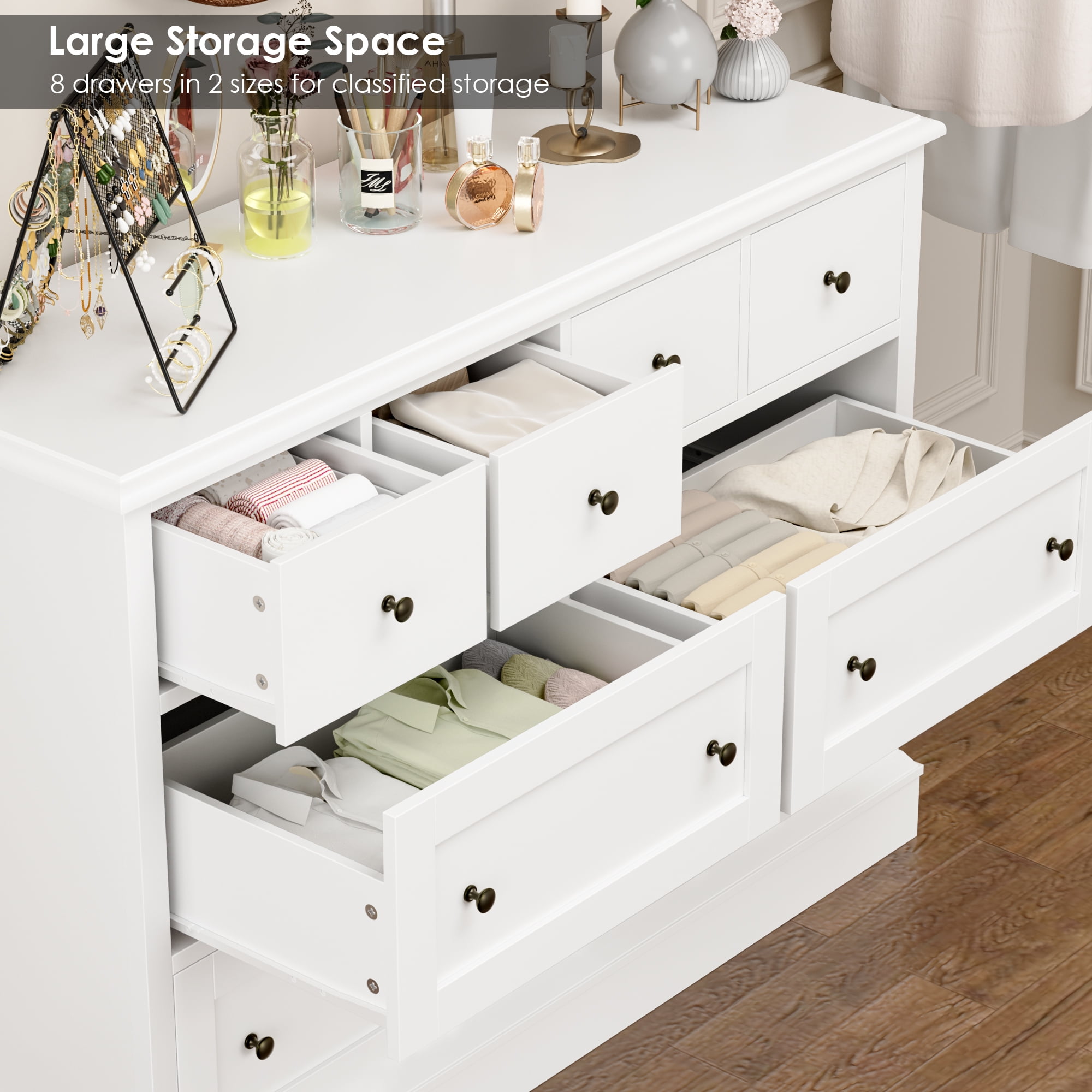 Homfa 8 Drawer Horizontal Combo Dresser for Bedroom, Modern White Chest of Drawers Wood Storage Cabinet for Living Room