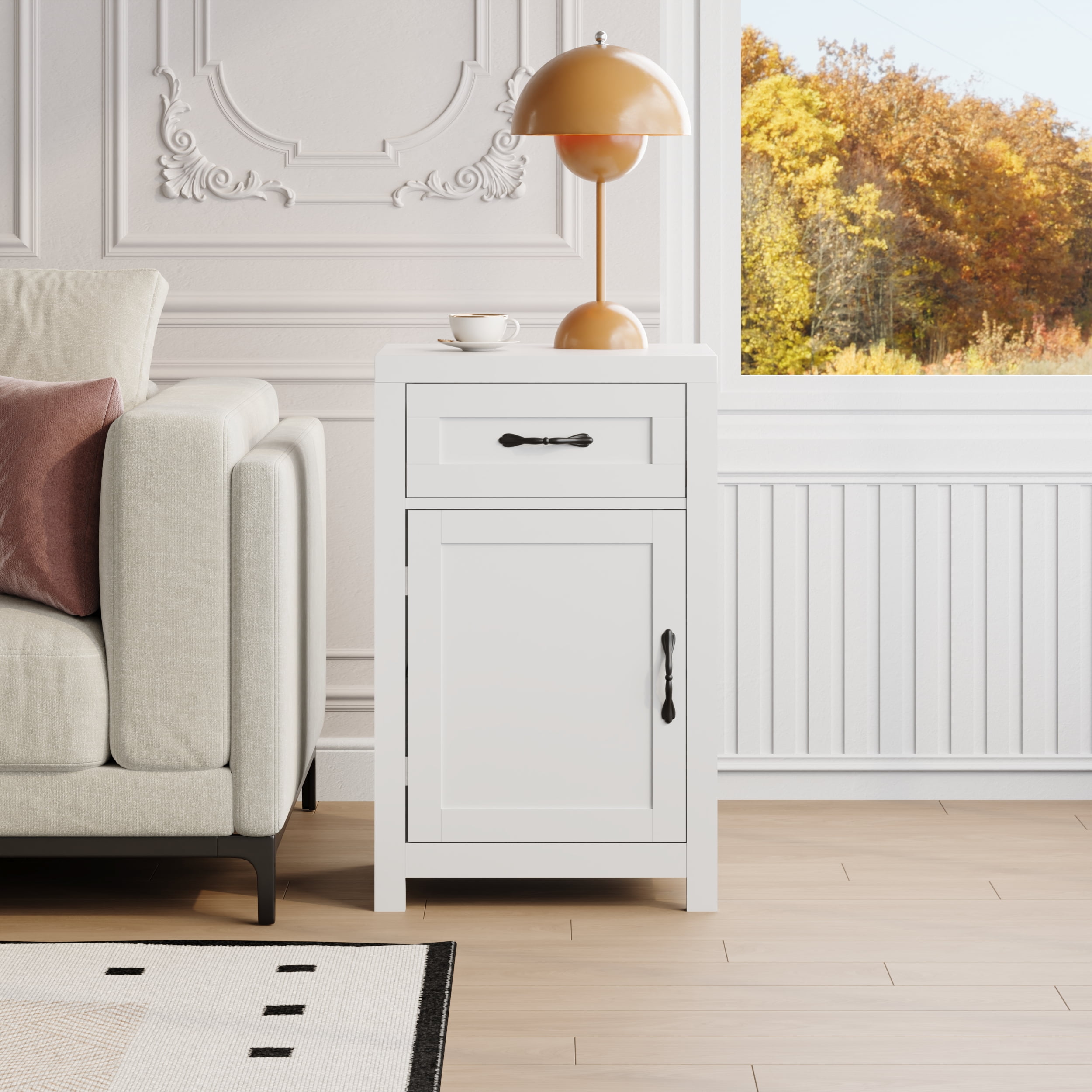 YouTrend Farmhouse End Table with Drawer and Storage Cabinet for Living Room,Rustic Adult Nightstand for Bedroom,White