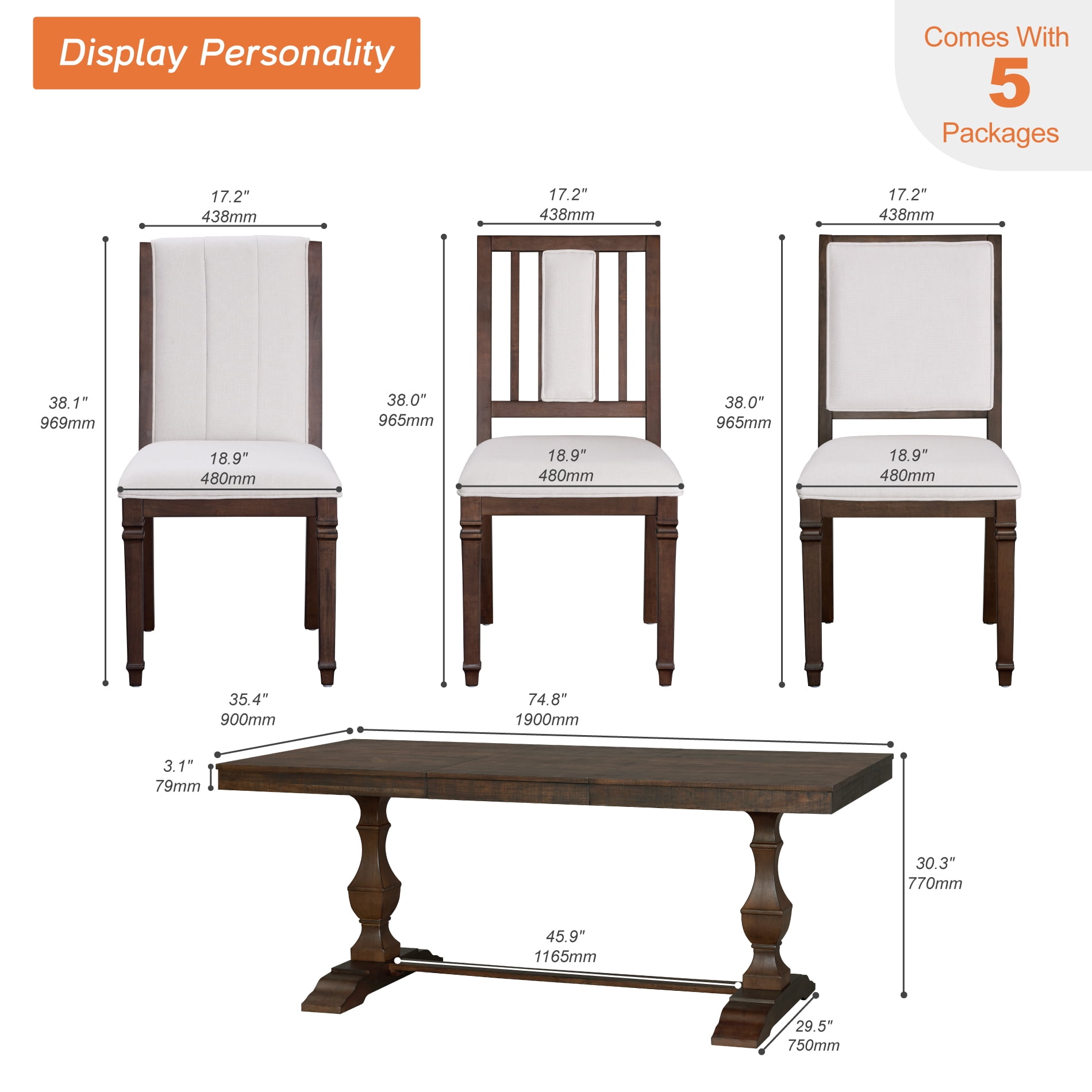 WAMPAT 7-pieces Farmhouse Dining Table Set for 6-8,74.8" Kitchen Table with Chairs,Solid Wood Legs and Upholstered Back for Dining Room & Living Room,Espresso