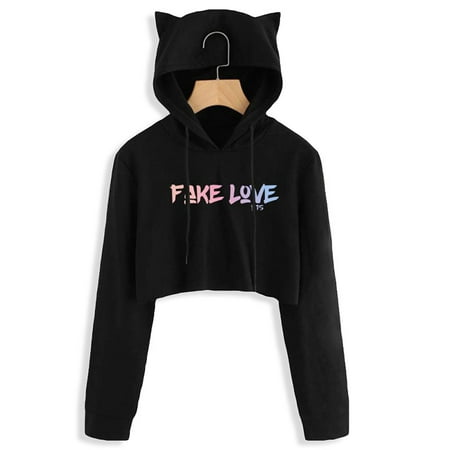 Fancyleo BTS Album Love Yourself Tear Fake Love Kpop Long Sleeve Cropped Hoodies Sweatshirt Women Cat Hooded Pullover Crop Tops Clothes