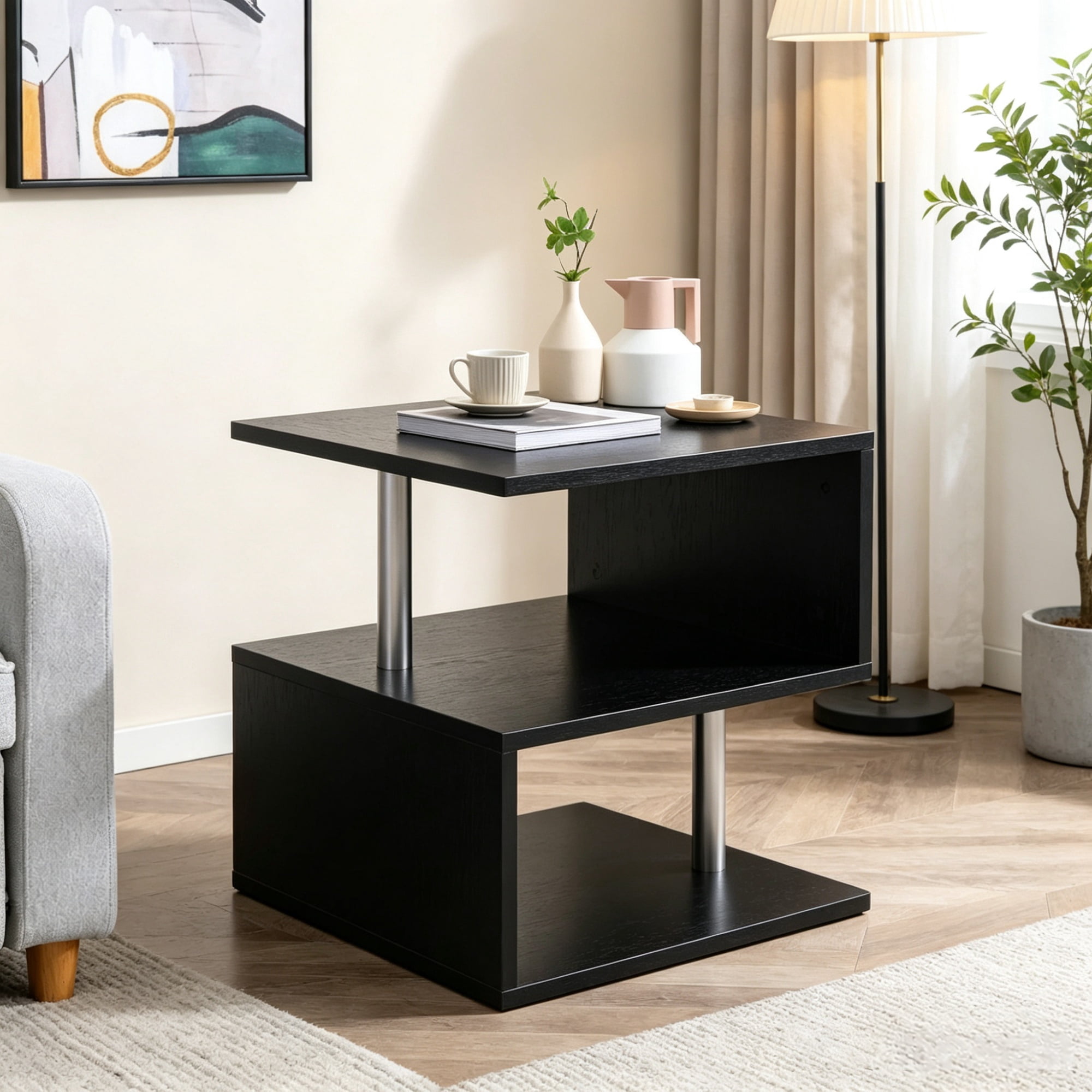 20" S-Shaped End Table with Storage Shelf & Steel Poles, Sleek Black Accent Side Table for Living Room
