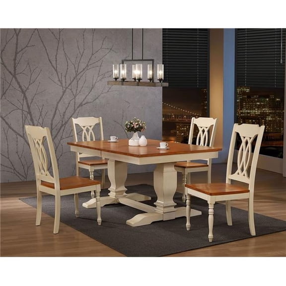 Iconic Furniture RT82-TR-CH52-CL-BI 5 42 x 64 x 82 in. Double Pedestal Transitional Antiqued Traditional Back Chair Dining Set with Caramel & Biscotti Finish - 5 Piece