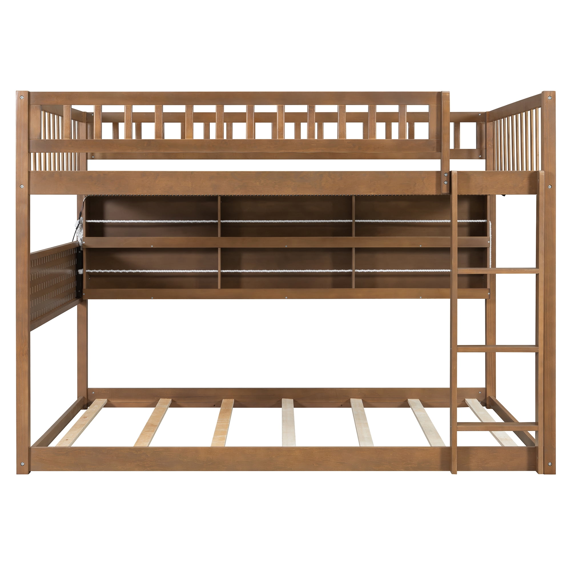 Full over Full Wood Bunk Bed with Integrated Side Storage Shelves and Pegboard, Solid Wood Bunk Bed Frame with Color-Changing Lights and Safety Guardrails for Teens, Adults, Guests