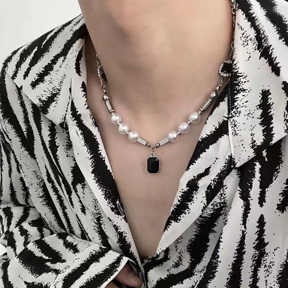 SmartBy Men Necklace Punk Hip-hop Imitation Pearls Adjustable Electroplating Decoration Gift Male Faux Gem Pendant Necklace Clavicle Chain for Club