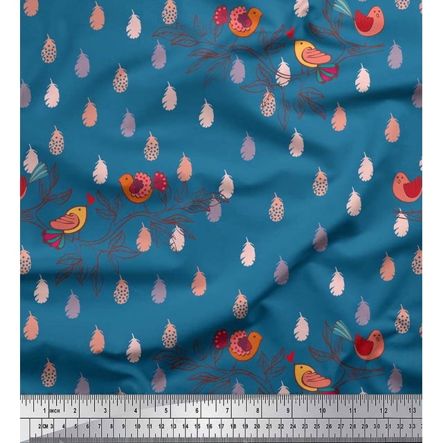 Soimoi Poly Georgette Fabric Feather,Branch & Bird Kids Printed Craft Fabric by The Yard 52 Inch Wide