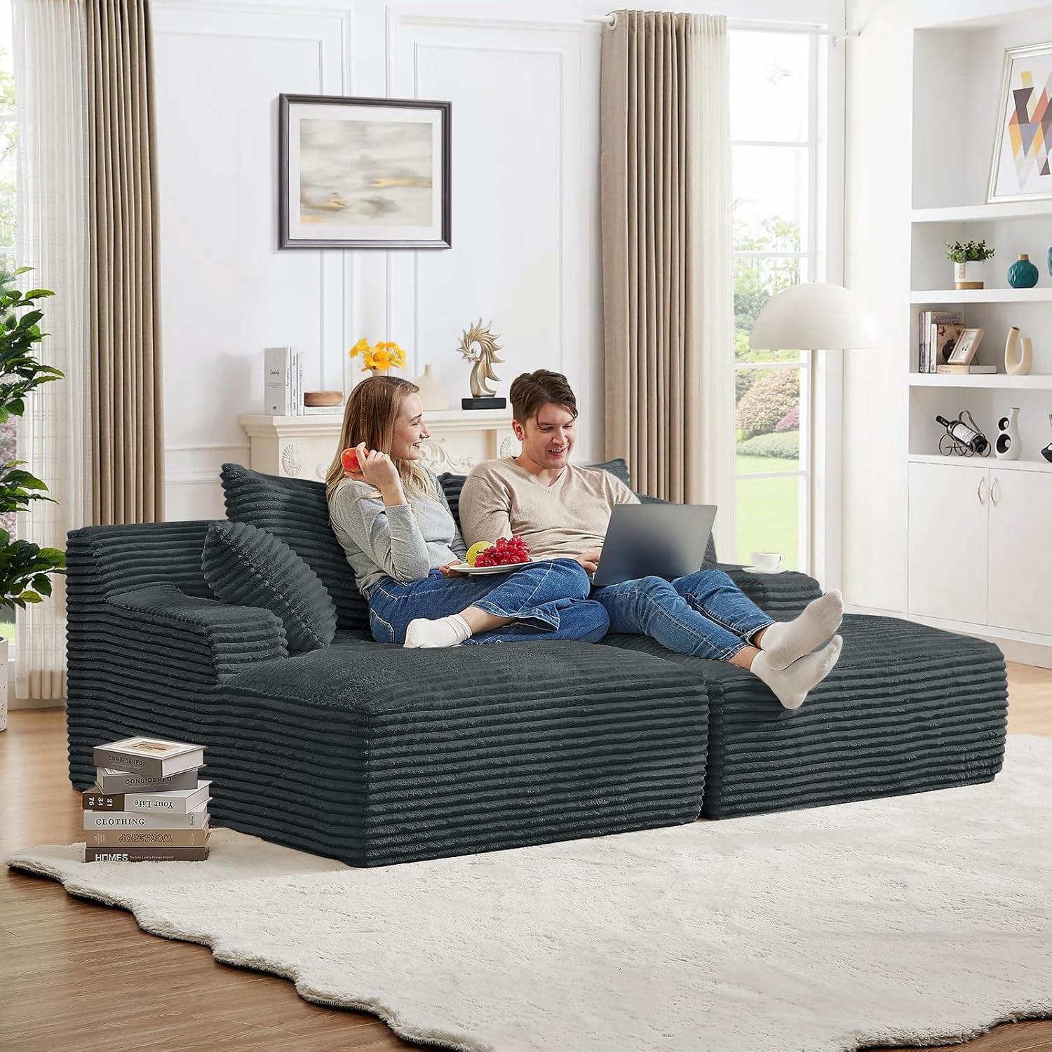 AENKYO Compressible Double Chaise Lounge Sectional Couch - Fluffy Upholstered 2-Seater Loveseat for Living Room, Bedroom, No Assembly Required, Dark Gray
