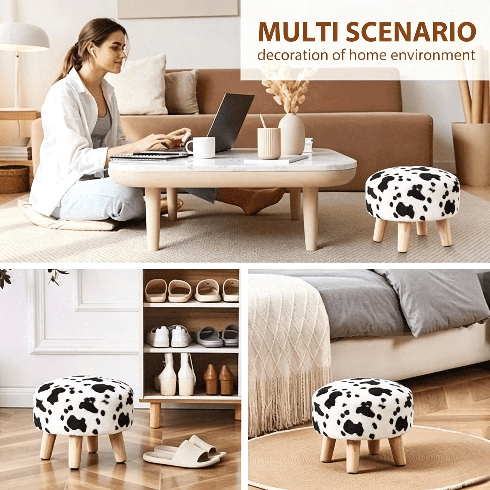 Round Mushroom Footstool Ottoman, Rabbit Wool Upholstered Small Stool with Solid Wood Legs, Cute Shoe Changing Stool, Step Stool, Sofa Footrest for Living Room & Bedroom Cow